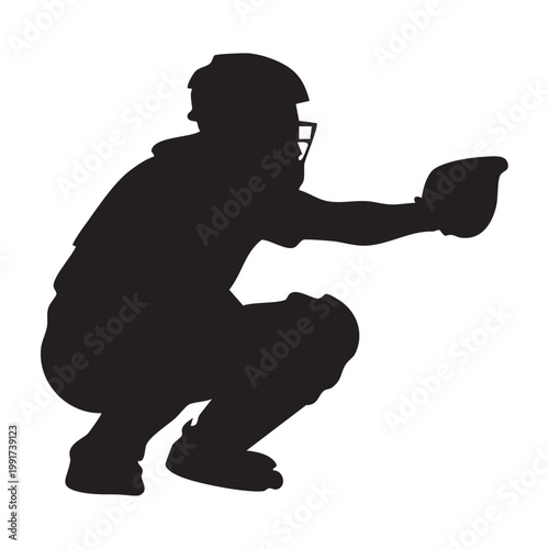 Baseball Catcher Squatting with Glove Silhouette Vector
