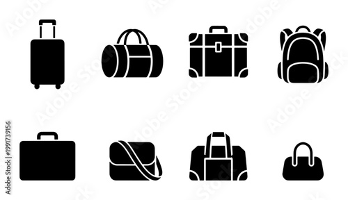 Fényképezés Travel luggage icon set, black solid baggage and suitcase vector collection, 8 t