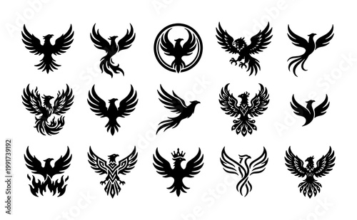 Phoenix bird logo collection, 15 black mythical firebird icons, heraldic eagle and hawk silhouettes, tribal phoenix vector set for branding