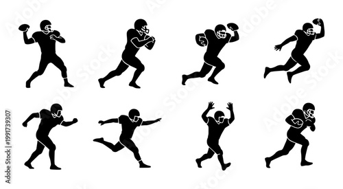 American football player silhouettes set, 8 black vector icons of athletes in action, professional football player poses for sports branding and logo design