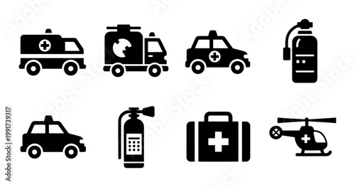 Emergency service icons set, 8 black solid vector symbols of ambulance and fire truck, medical rescue equipment and police car graphics
