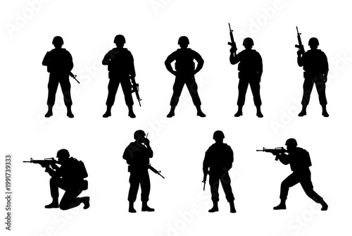 Military soldier silhouettes set, 9 army infantry vector elements with rifles, tactical combat troops in various poses for war and defense design
