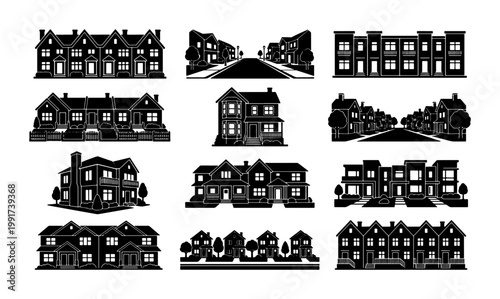 Black silhouette house icons set, residential building vector collection, suburban neighborhood street and townhouse architecture, 12 home exterior elements