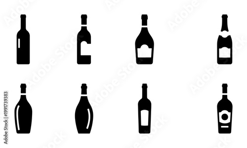 Alcohol bottle icon set, black silhouette wine and liquor bottles, 8 vector glass beverage containers for bar menu and restaurant branding