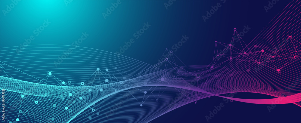 Naklejka premium Modern digital technology background design with molecular plexus lines and dots. Futuristic network connection. Data flow. Abstract mesh, big data technology, AI, science, cyberspace.