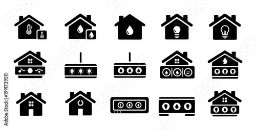 Smart home automation icons, 15 black solid vector symbols for house control systems, residential energy and utility management interface elements