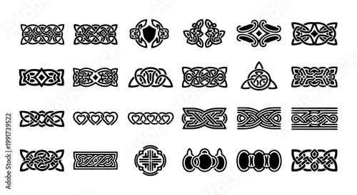 Celtic knot vector set, 24 black traditional viking ornaments, medieval irish decorative borders, ancient gaelic tribal patterns for graphic design