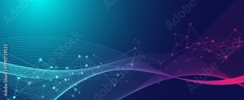Modern digital technology background design with molecular plexus lines and dots. Futuristic network connection. Data flow. Abstract mesh, big data technology, AI, science, cyberspace.