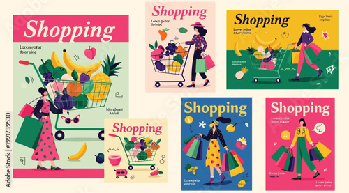 Shopping illustration set, women with grocery carts and bags, colorful flat design posters for retail and fashion, healthy food and lifestyle