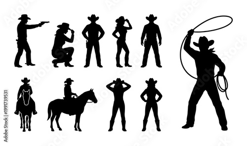 Wild West cowboy silhouettes set, 10 western outlaw and cowgirl vector elements, black rancher figures with lasso and horses for rodeo design