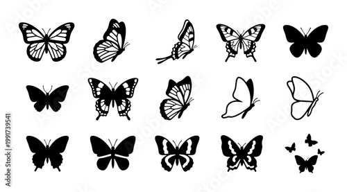 Black butterfly silhouette icons, set of 15 decorative insect vector elements, minimalist butterfly wing shapes for logo design and nature branding