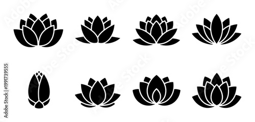 Lotus flower icons set, black floral silhouettes for yoga and wellness branding, 8 vector water lily symbols for spa and meditation logos