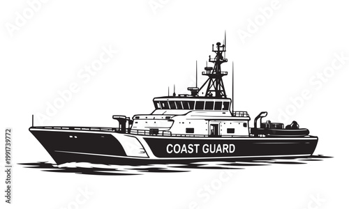 Coast guard patrol boat silhouette, Silhouette, Silhouette Vector, Isolated on White Background