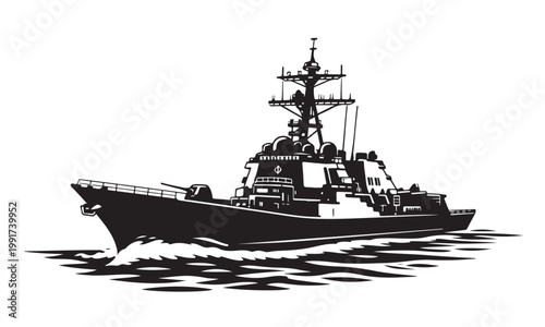 Schilderij op canvas Naval destroyer warship silhouette, Silhouette, Silhouette Vector, Isolated on W