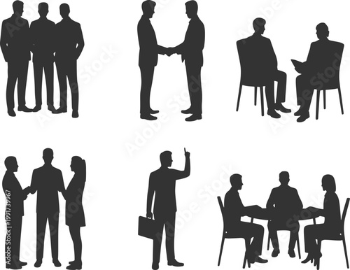 Business people silhouettes in various professional interactions and meetings  teamwork collaboration communication leadership