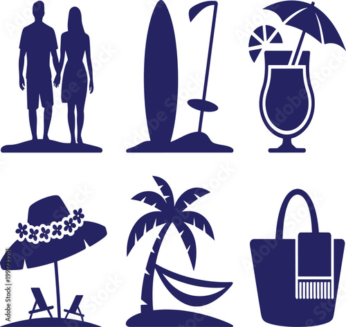 Blue silhouettes of beach vacation icons including couple surfboard cocktail palm tree beach chair and bag  summer holiday travel relaxation