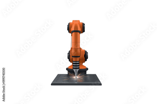 Industrial robot arm welding metal with sparks