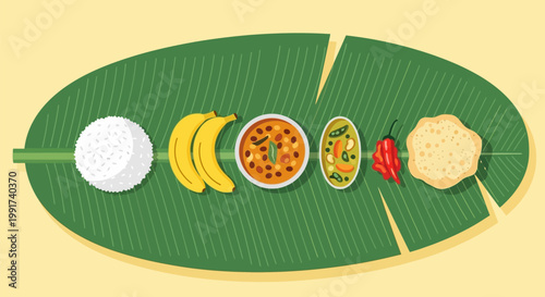 Traditional South Indian food served on a green banana leaf.