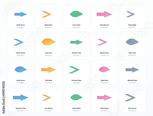 Modern Arrow Icon Set: 20 Minimalist Vector Directional Signs, Gradient Pointers, and Abstract Geometric Symbols for UI/UX Design, Navigation Graphics, and Business Presentation Infographics.