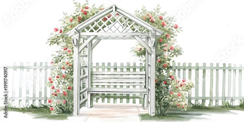 Wooden garden arbor with pink climbing flowers isolated on a white background, decorative trellis arch for landscaping design.