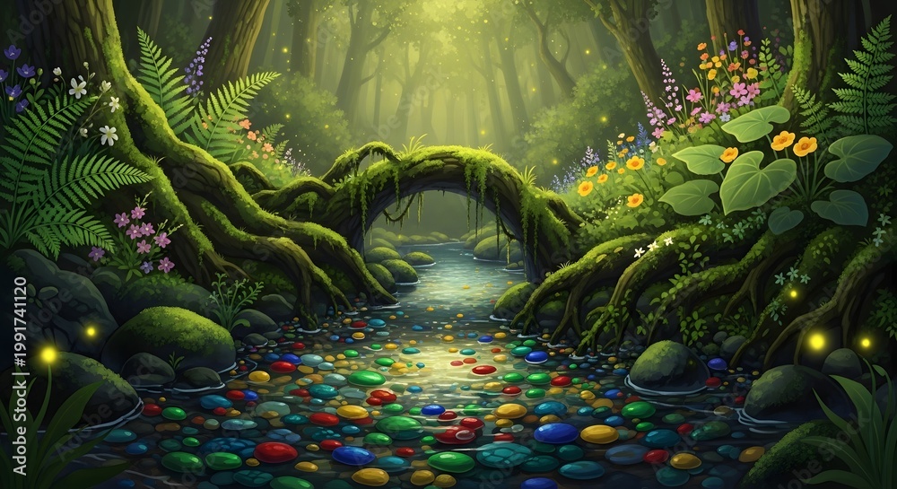 Fototapeta premium Magical enchanted forest with glowing stream and colorful pebbles