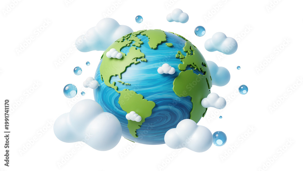 Naklejka premium Blue Green Earth Globe Surrounded by White Clouds and Water Droplets