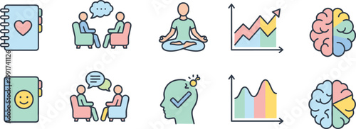 Comprehensive collection of mental health icons featuring therapy sessions, meditation, brain function, mood tracking journals, and data charts for psychological wellness.