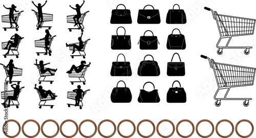 Shopping silhouettes and icons set with cart actions, handbags and circular frames, retail elements collection black vector illustration