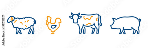 farm animal icon set, rooster, cow, sheep, pig, outline editable icons