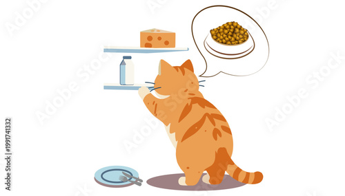 Cat reaching for food on a shelf, playful mood, in a kitchen setting on a transparent background