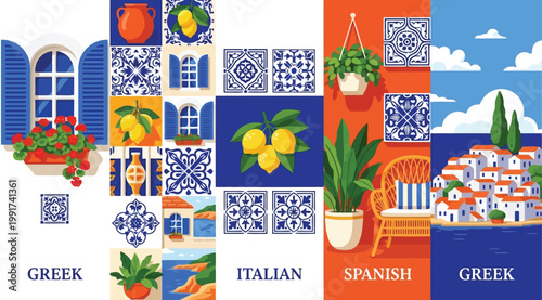 Mediterranean style seamless pattern set with greek, italian and spanish elements