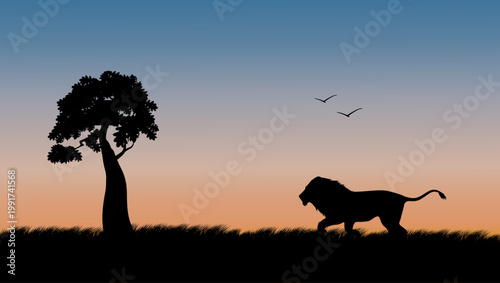 Foto lion in safari, flat vector illustration