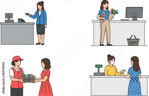 Retail checkout scenes set with cashier and customers, supermarket payment and shopping interactions, modern store service vector illustration collection