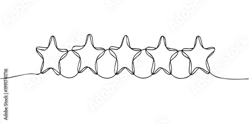 drawing of five stars continuous one line drawing, five stars decorate one line drawing continuous, Five stars drawn in one continuous line. Minimal and modern vector illustration, perfect for ratings
