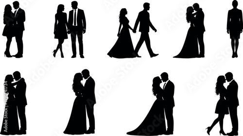 Romantic couple silhouettes set with kissing, walking and hugging poses, love and wedding theme black vector illustration collection