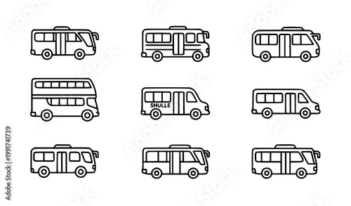 Minimal bus icon vector set with city school shuttle and transport system infographic line design