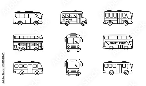 Modern bus UI icon vector set with city school tourist and shuttle transport symbols in line style