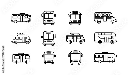 Bus icon vector set with city school shuttle and transport buses in minimal outline UI style