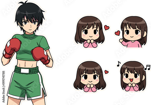 Anime style girl boxer character with cute chibi expressions set, kawaii emotions collection, manga inspired vector illustration design
