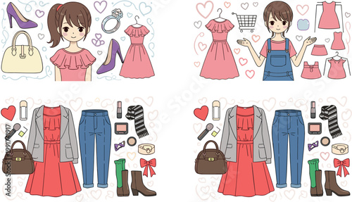 Women fashion outfit and clothing items set with dresses, accessories and shopping elements, stylish wardrobe illustration modern vector collection