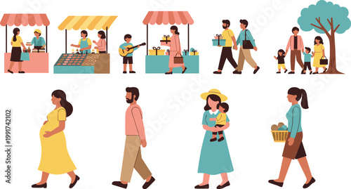 People market and street shopping set with families, vendors and walking scenes, outdoor lifestyle illustration modern vector collection