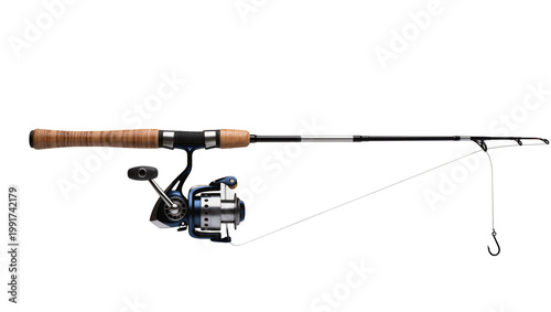 Tablou pe pânză Black spinning fishing rod with reel and silver fishing line