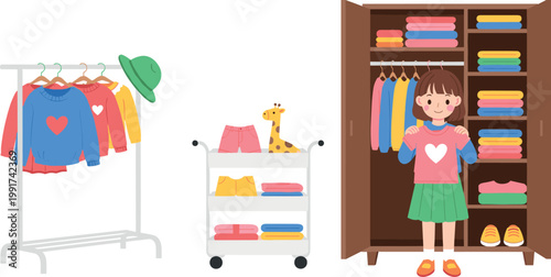 Kids wardrobe and clothing set with girl organizing closet, colorful outfits on rack and shelves, cute lifestyle vector illustration