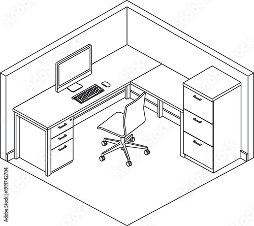 Isometric home office workspace illustration, minimalist desk setup with computer chair and storage cabinet for modern interior design concept