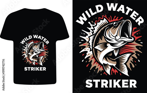 A black t shirt displaying a vintage style fish and water graphic design