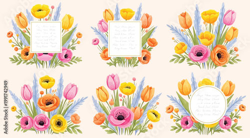 Set of six colorful floral bouquets with frames for text, featuring tulips, poppies, and anemones in vibrant spring colors on a light background