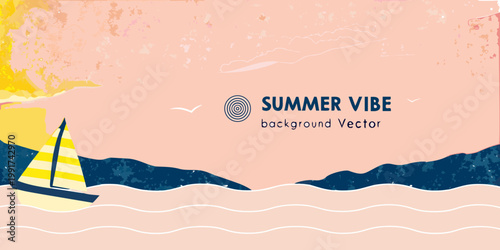 A summer scene featuring a sailboat waves and a vibrant sunset