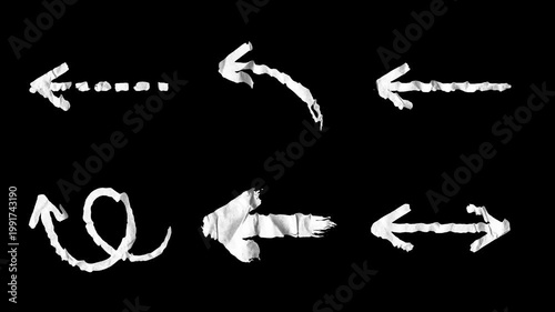 Animated stop motion pack of crumpled white paper arrows on a black background. Versatile directional symbols perfect for tutorials, vlogs, and creative video edits
