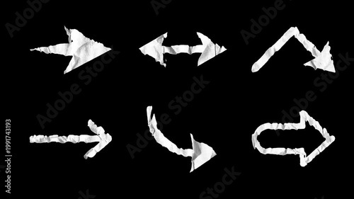 Animated stop motion pack of crumpled white paper arrows on a black background. Versatile directional symbols perfect for tutorials, vlogs, and creative video edits