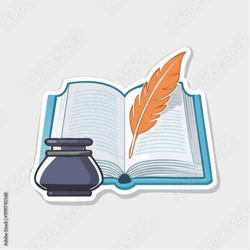 Open book, inkwell, and quill pen illustration